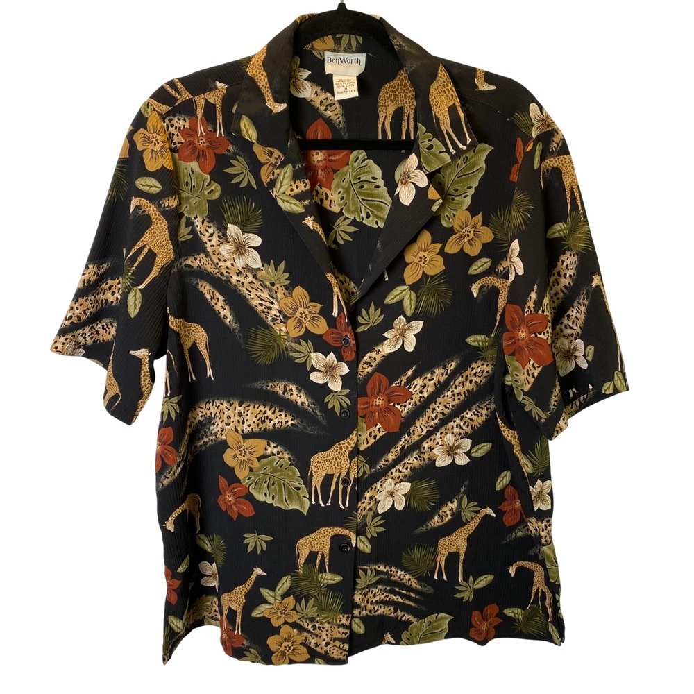 Vintage BonWorth Jungle Safari Shirt Women Medium Tropical Button Down Vacation
